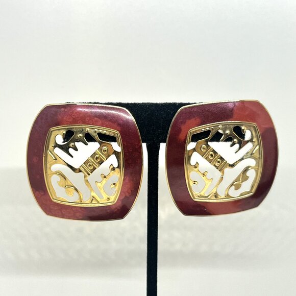 VINTAGE BEREBI ABSTRACT EARRINGS GOLD TONE RED MODERNIST ARTISAN STATEMENT - Picture 3 of 13